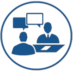 An icon depicting two people communicating, with speech bubbles representing conversation, suggesting dialogue or consultation.