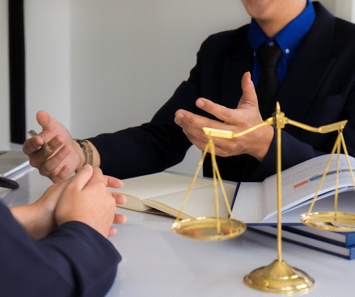 Team of personal injury lawyers at a New York law firm discussing a case in their Manhattan office.